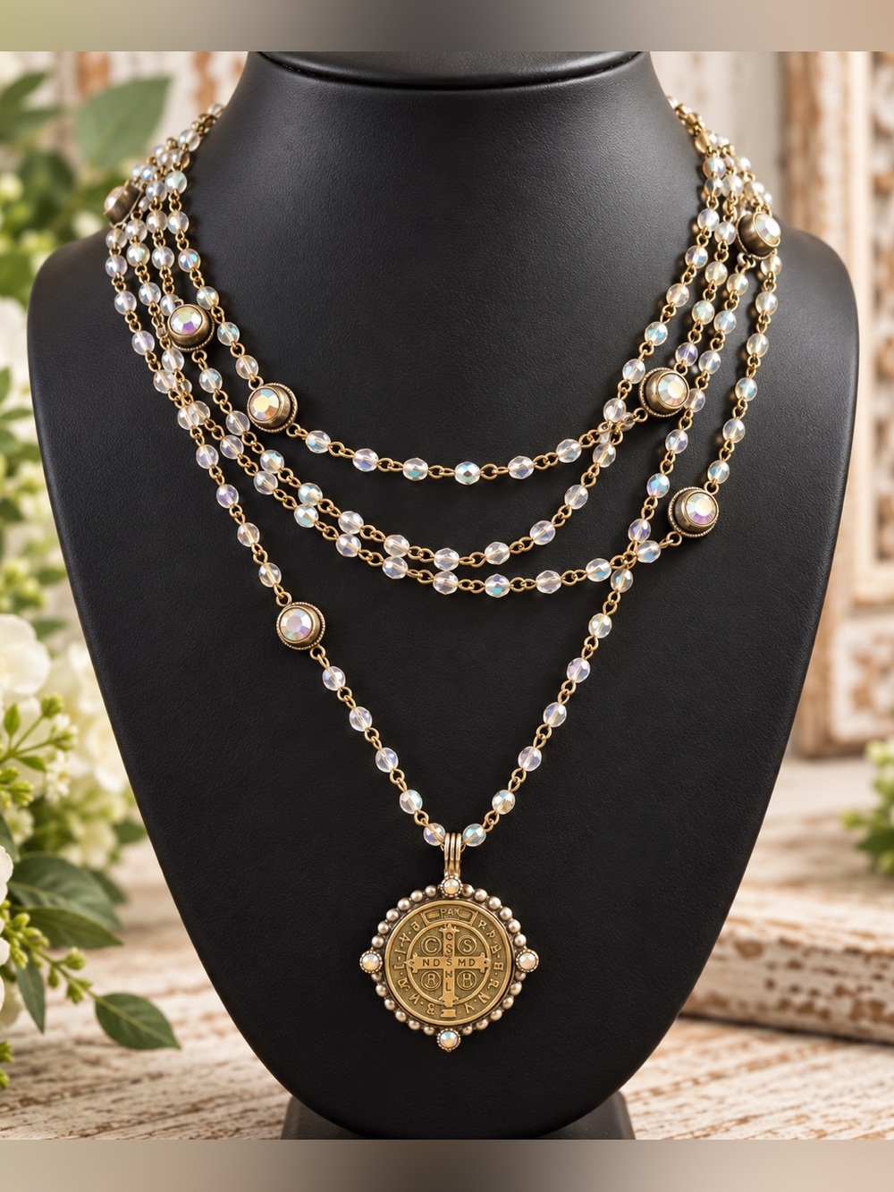 VSA Virgins Saints & Angels Vintage San Benito Medallion Multi Strand Necklace